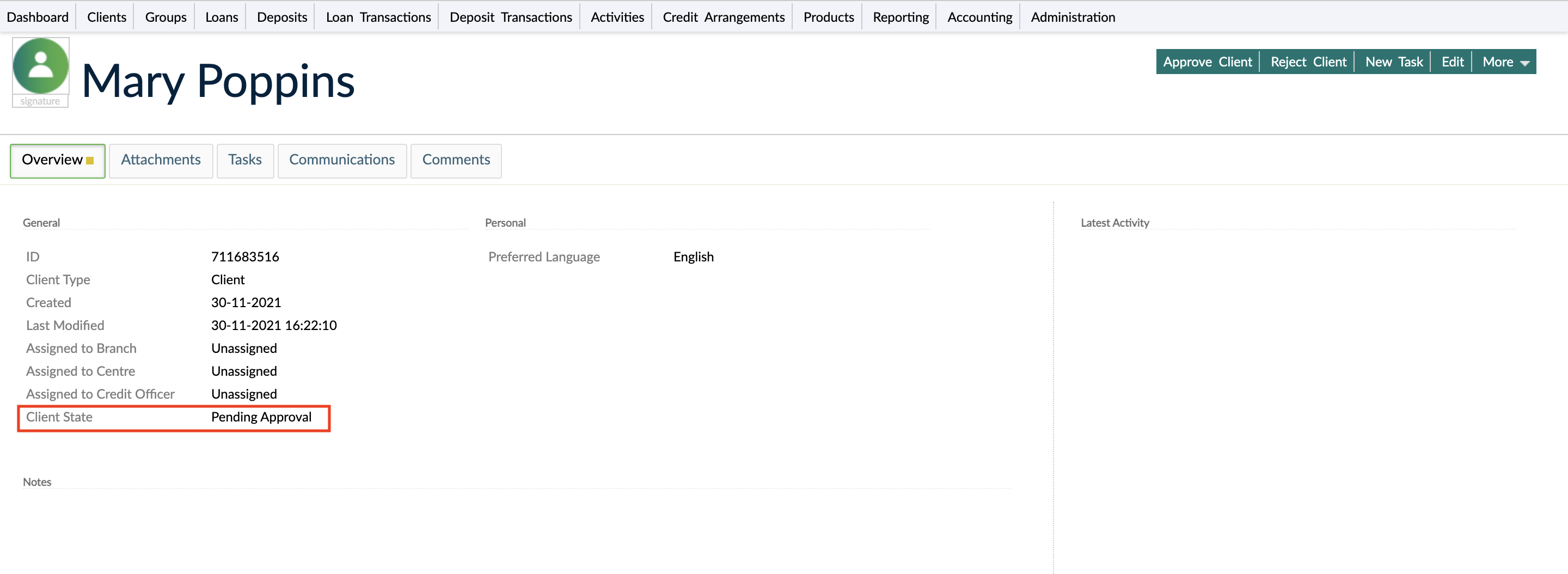 The Client State field on the client detail page